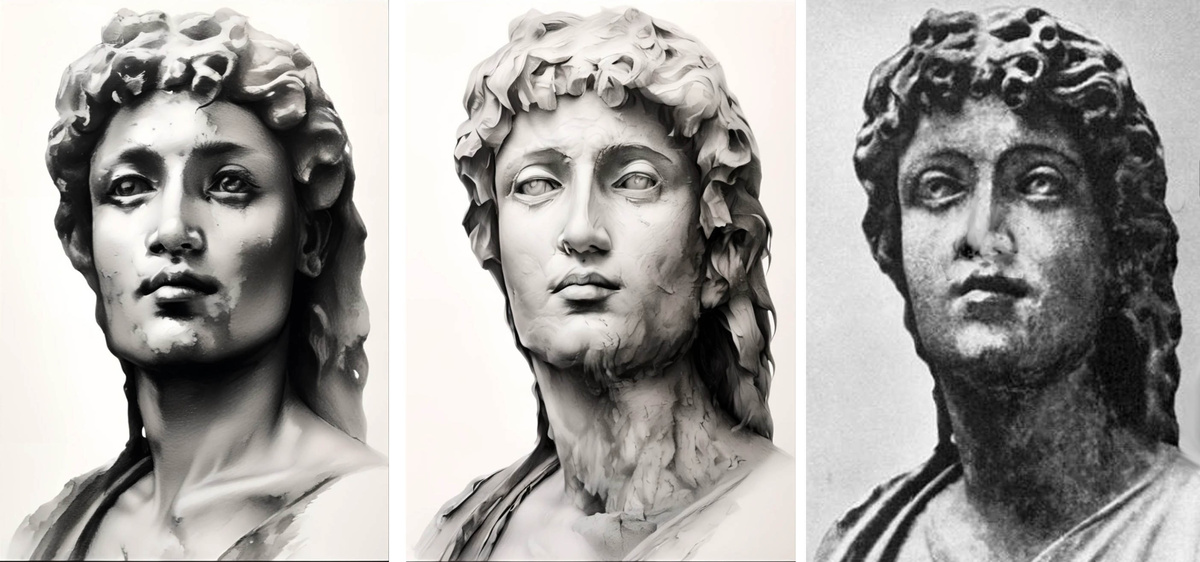 1-2 образы Буса восстановленные с помощью ИИ. 3) Античная статуя Арианского Христа-Буса.