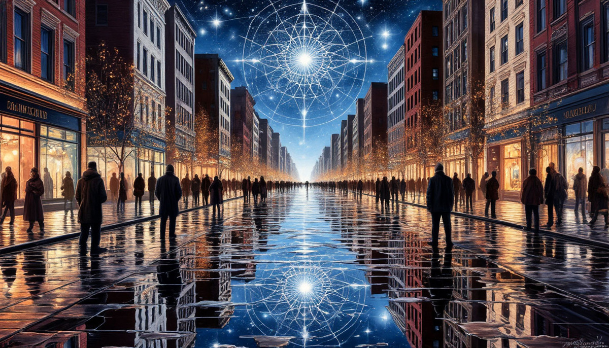 Город как храм единства: в отражениях луж мерцают созвездия, тени людей сплетаются в мандалу, а в обычных жестах проступает вечность — напоминая, что вы уже дома в целостном мире.