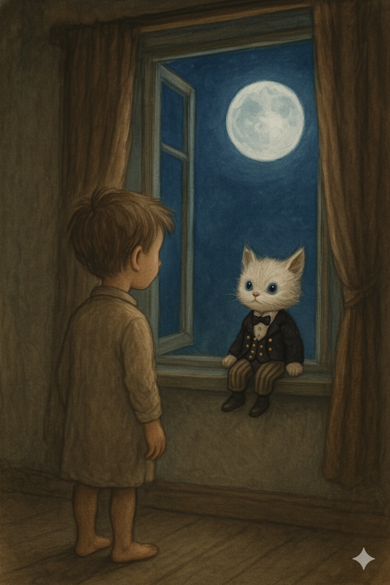 Он был размером с котёнка, но носил цилиндр и галстук-бабочку. Звали его Сваленок. Он свалился с Луны и искал способ попасть обратно к себе домой.