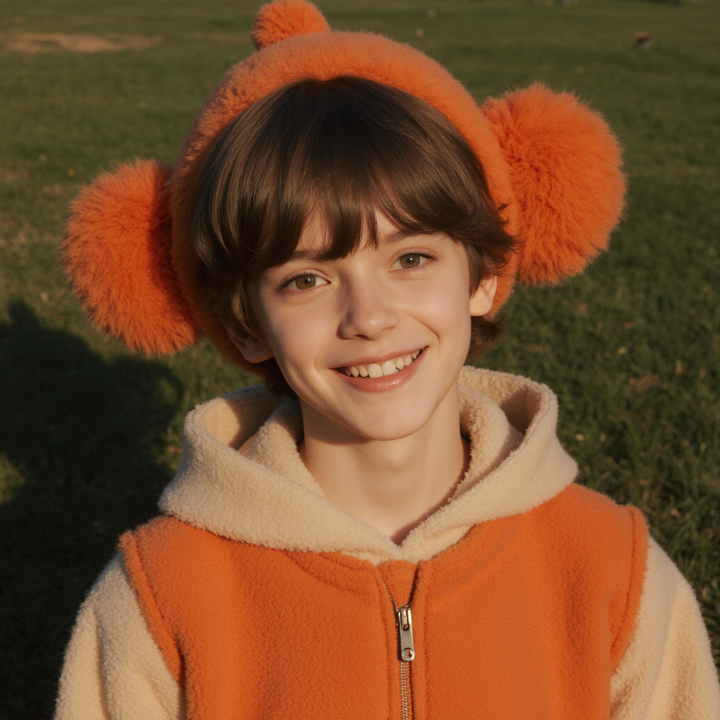 Промт: Милый молодой человек, вдохновлённый образом Чебурашки из советских мультфильмов — круглое лицо, большие добрые карие глаза, мягкие пушистые волосы коричневого цвета, уложенные как ушки; в уютной винтажной одежде тёплых тонов (оранжевый, бежевый), с доброй улыбкой, стоит в солнечном парке. гипер реалистиное фото