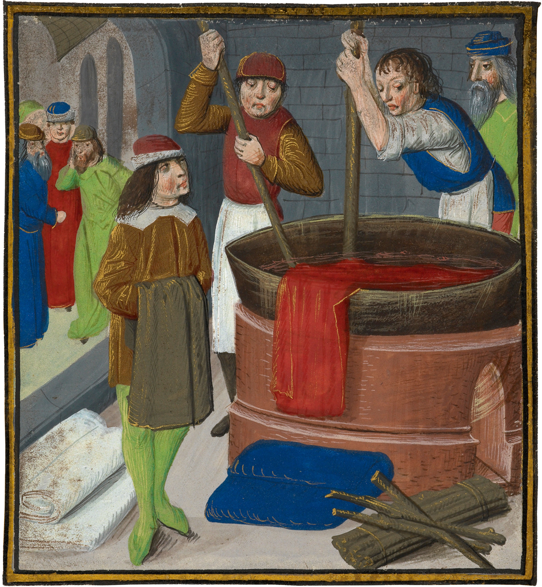 Дайерс на работе
Для получения красного цвета с использованием марены, сандала, орсеина или кермеса, требовалось поддерживать воду в красильном чане в состоянии кипения и щедро добавлять протравы.
Bartholomaeus Anglicus and Jean Corbechon, Le Livres des Propriétés des Choses, манускрипт, скопированный и написанный в Брюсселе, 1482. Лондон, Британская библиотека, Королевская рукопись 15 E. III, фолио 269.