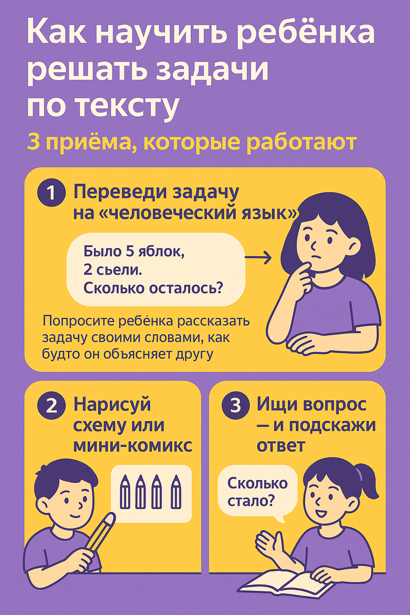 1. 💬 Переведи задачу на «человеческий язык»

Первое, что сбивает ребёнка, — непонимание самого текста. Поэтому не торопитесь решать.
Попросите ребёнка рассказать задачу своими словами, как будто он объясняет другу.

Например:

Было 5 яблок, 2 съели. Сколько осталось?
Ребёнок может сказать: «У нас было пять, два ушло, значит, осталось три».

Такое проговаривание помогает осознать смысл и увидеть, какие действия нужны — сложение, вычитание, деление или умножение.

🟡 Совет: если ребёнок путается в формулировках, предложите нарисовать или показать руками, как меняется количество.

⸻

2. ✏️ Нарисуй схему или мини-комикс

Дети — визуалы. Когда они видят задачу глазами, она перестаёт быть «абстрактной».
Пусть ребёнок изобразит задачу в виде схемы, рисунка или короткого комикса.

Например:

У Кати 3 карандаша, у Вани в 2 раза больше.
Ребёнок рисует три карандаша у Кати и шесть у Вани — и сразу видит, что нужно умножить на 2.

🟢 Плюс: даже сложные задачи с несколькими действиями становятся понятнее, когда есть «картинка».

⸻

3. 🎯 Ищи вопрос — и подскажи ответ

Один из самых простых, но эффективных приёмов: найди вопрос задачи и задай его по-другому.
Часто дети читают задачу, но не осознают, что от них хотят.

Например:

В саду росло 8 деревьев, посадили ещё 4. Сколько стало?
Можно спросить:
— Что изменилось в саду?
— Стало деревьев больше или меньше?
— Как это узнать?

Так ребёнок учится думать логически, а не подбирать формулу «наугад».

⸻

🌟 Главное — не спешите

Когда ребёнок ошибается, не исправляйте сразу. Лучше задайте наводящий вопрос:

«Почему ты так думаешь?»
«А если представить это по-другому?»

Так вы помогаете не просто «решить задачу», а понять принцип, и тогда следующий пример уже не вызовет страха.

⸻

💡 Вывод:

Решать текстовые задачи — это не про математику, а про понимание смысла.
Научите ребёнка:
	1.	Пересказывать задачу своими словами,
	2.	Рисовать то, что он видит,
	3.	Искать суть вопроса — и тогда даже самые трудные задачи станут лёгкими.
