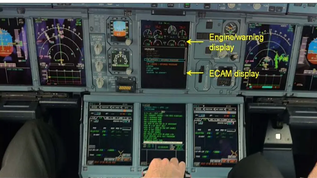 Дисплей ECAM, где отображается сигналы предупреждения и отказы