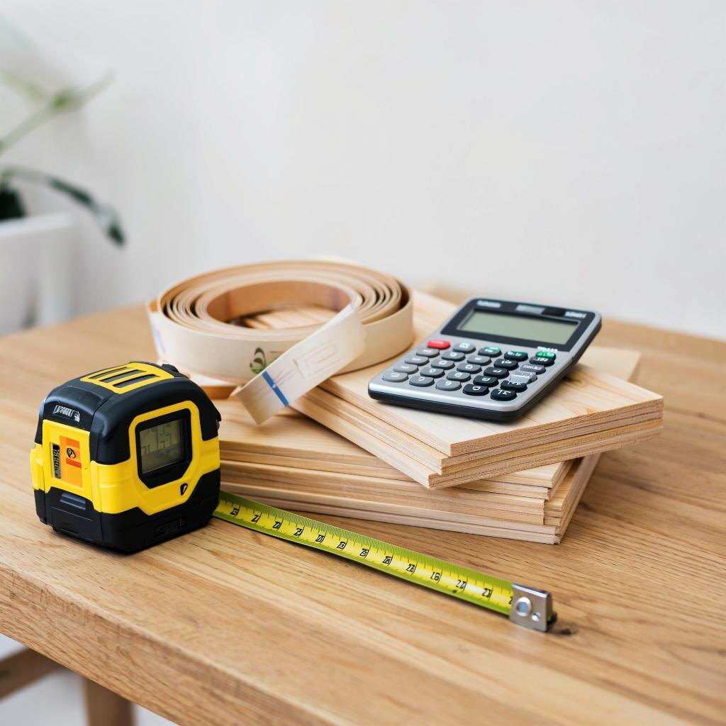 Фото калькулятора и рулетки: Композиция из строительной рулетки, лежащей на стопке досок, и рядом — калькулятора. Символизирует простоту самостоятельного расчета.