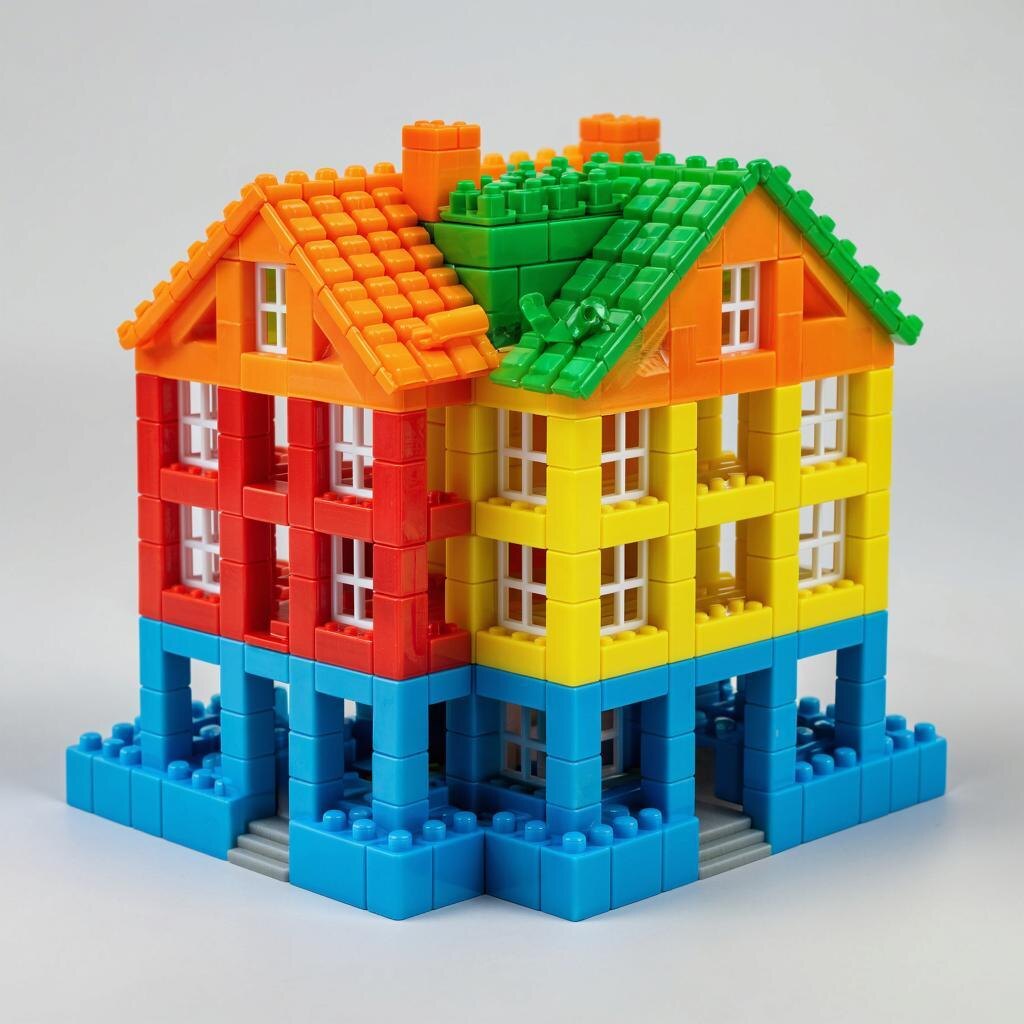 Цветная схема - Макет дома из разноцветных кубиков LEGO, где каждый цвет соответствует разному конструктивному элементу