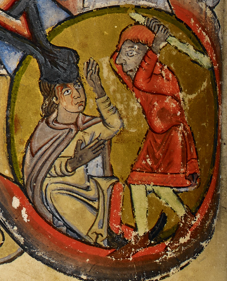 Каин убивает Авеля
Первый убийца в истории, Каин, нередко изображался с рыжими волосами, что стало устойчивым символом изменников, еретиков и злодеев.
Детали из Библии аббатства Парк середины XII века, Лувен, 1147-48. Лондон, Британская библиотека, рукопись Доп. 14788, фолио 6v.