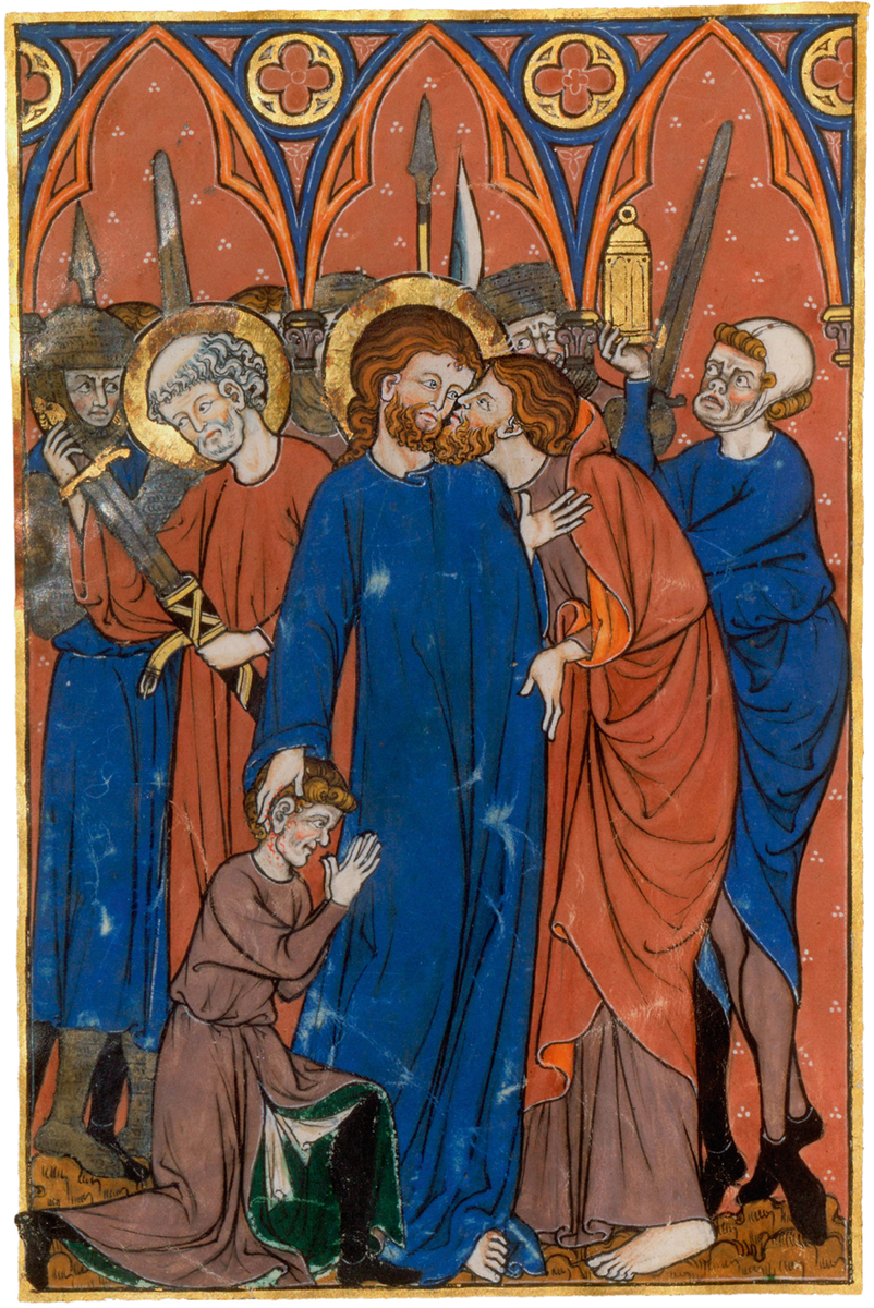 Поцелуй предательства
В средневековом искусстве рыжие волосы Иуды служили визуальным маркером его злодейской сущности. Сцена предательского поцелуя часто сопровождалась цветовым обменом, когда рыжий цвет, ассоциирующийся с Иудой, переходил на Иисуса, предвещая его арест, который также изображался с рыжими волосами и бородой.
«Le Livre d'Images de Madame Marie», Эно, ок. 1285 - 90. Париж, Национальная библиотека Франции, новая французская рукопись приобретений 16251, фолио 33v.