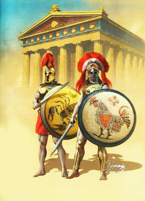 Рис. 1. Тяжеловооруженные спартанские (лакедомонские) войны – гоплиты – конца архаического периода (VI-V века до н.э.). Современная реконструкция