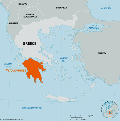 Рис. 2. Полуостров Пелопоннес на карте Греции и Эгейского моря
