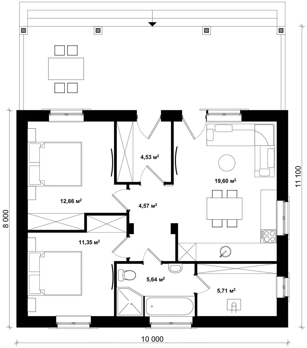 Типовой план - совмещенная гостиная, 2 спальни, большой санузел и котельная.