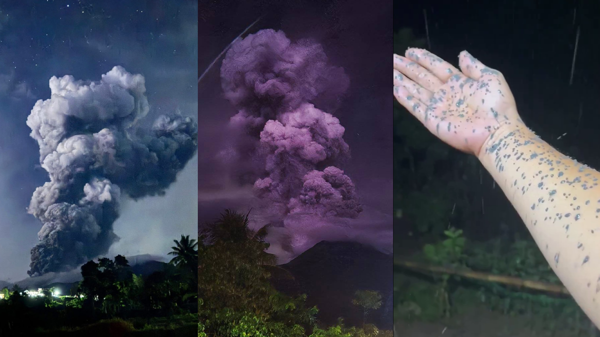 Канлаонское извержение и его пепел, прилипший на руку местного (остров Негрос, центр Филиппин; после 20:00, 24 октября)