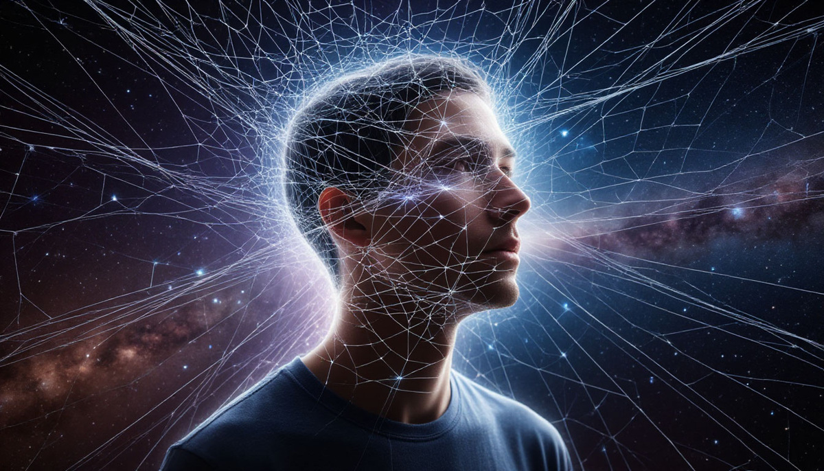 Сияющая паутина мыслей, пронизывающая реальность: нити, исходящие из человека, соединяются с предметами, людьми и звездами, творя мир через невидимые связи.