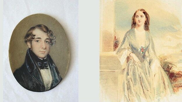 миниатюра с изображением Чарльза Диккенса, которую он подарил Кэтрин Хогарт по случаю помолвки и акварельный портрет Кэтрин, худ. Дэниела Маклиса