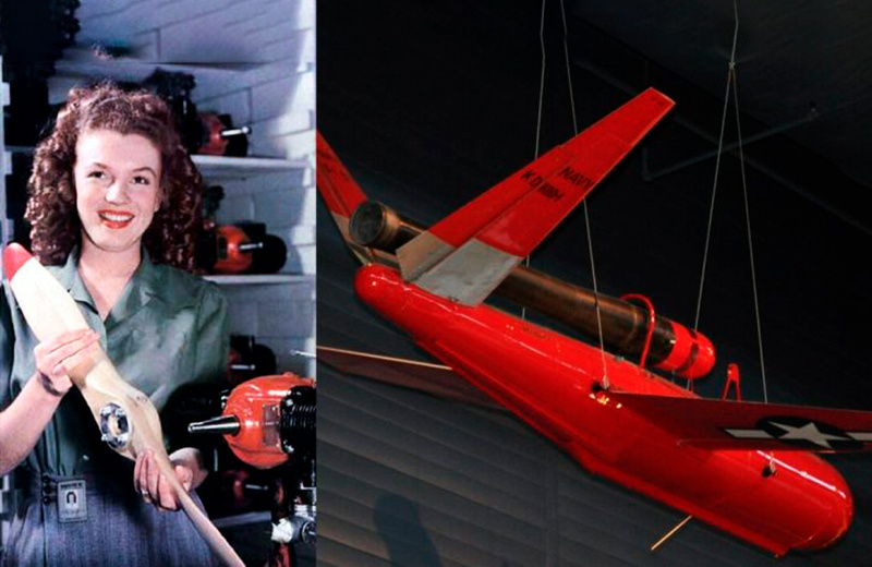 Слева: Мэрилин Монро работала техником на заводе по производству боеприпасов Radioplane; справа: беспилотный летательный аппарат Katydid