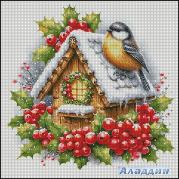 Схема «Синичка с домиком». АН1824. Размер 300х300 крестиков. 