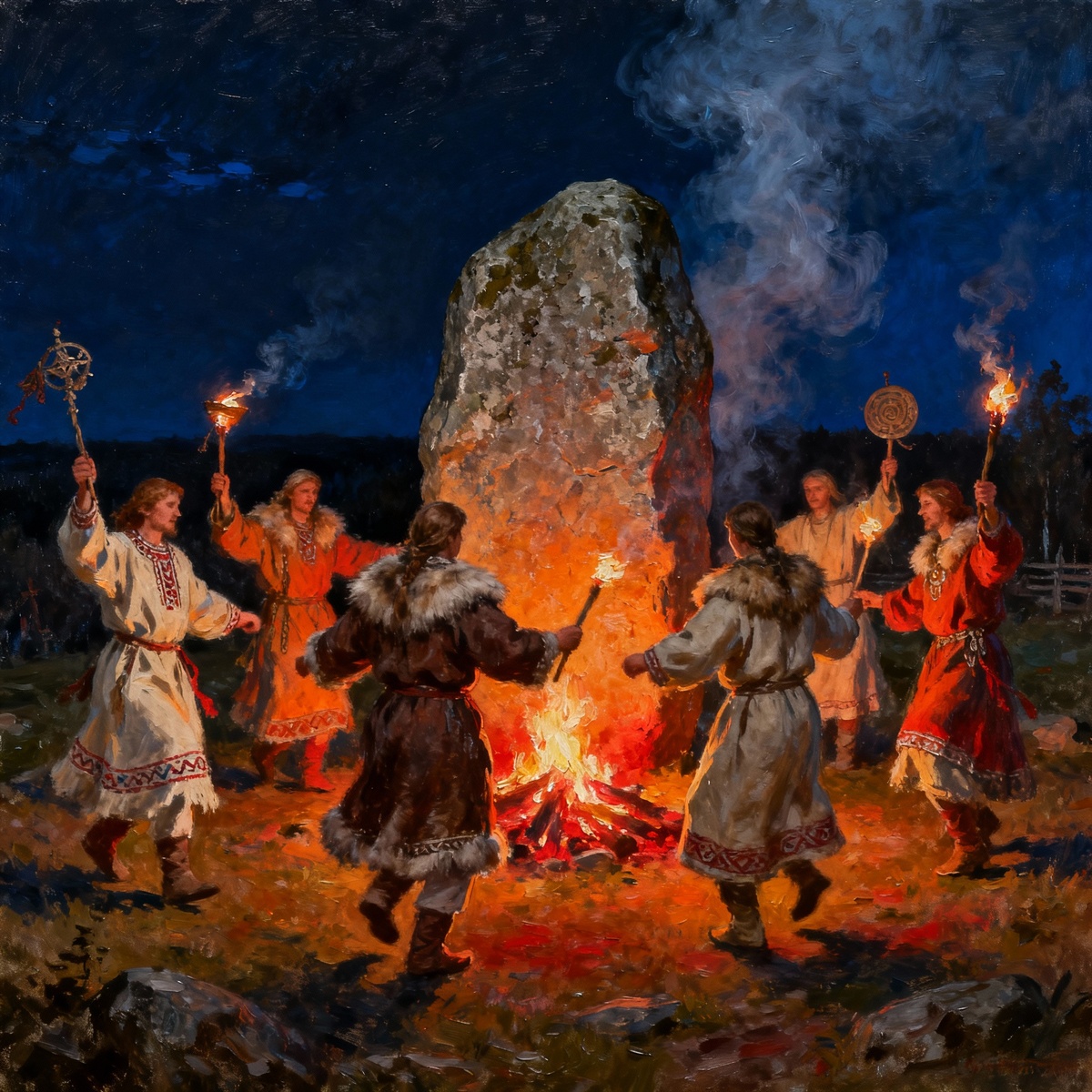 Языческие ритуалы народа меря у Синего камня, картина маслом