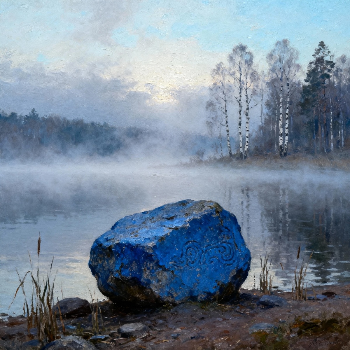 Синий камень на берегу Плещеева озера в стиле живописи маслом