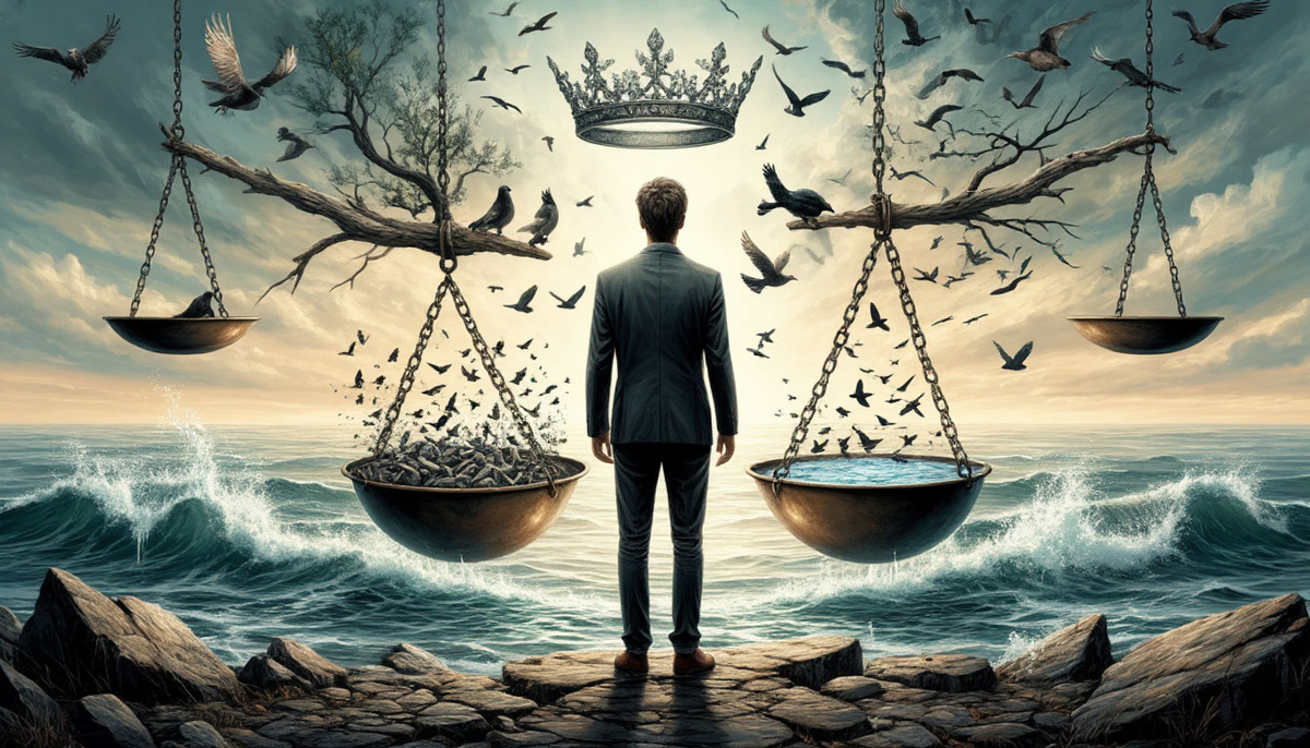 Человек стоит на рассыпающихся весах преимущества, где одна чаша превращается в стаю птиц, а другая — в текущую реку. Его фигура становится прозрачной, сквозь неё прорастают деревья и виднеются звёзды, а корона суждений тает как утренний лёд, открывая безоценочный свет истинной силы.