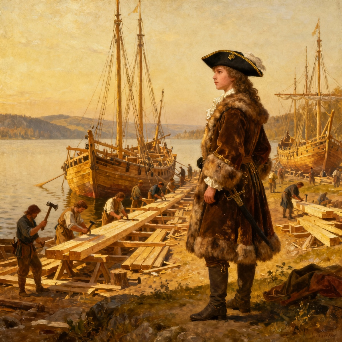 Пётр I на берегу Плещеева озера со своей флотилией