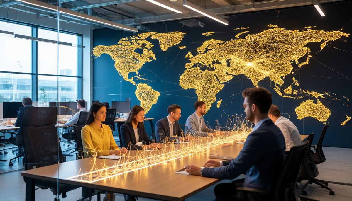 В современном офисе прозрачные столы-экраны показывают живые связи между сотрудниками — золотые нити, превращающиеся в растущие денежные потоки. На стене карта мира, где границы растворяются, а торговые пути сияют как нейроны глобального мозга. 