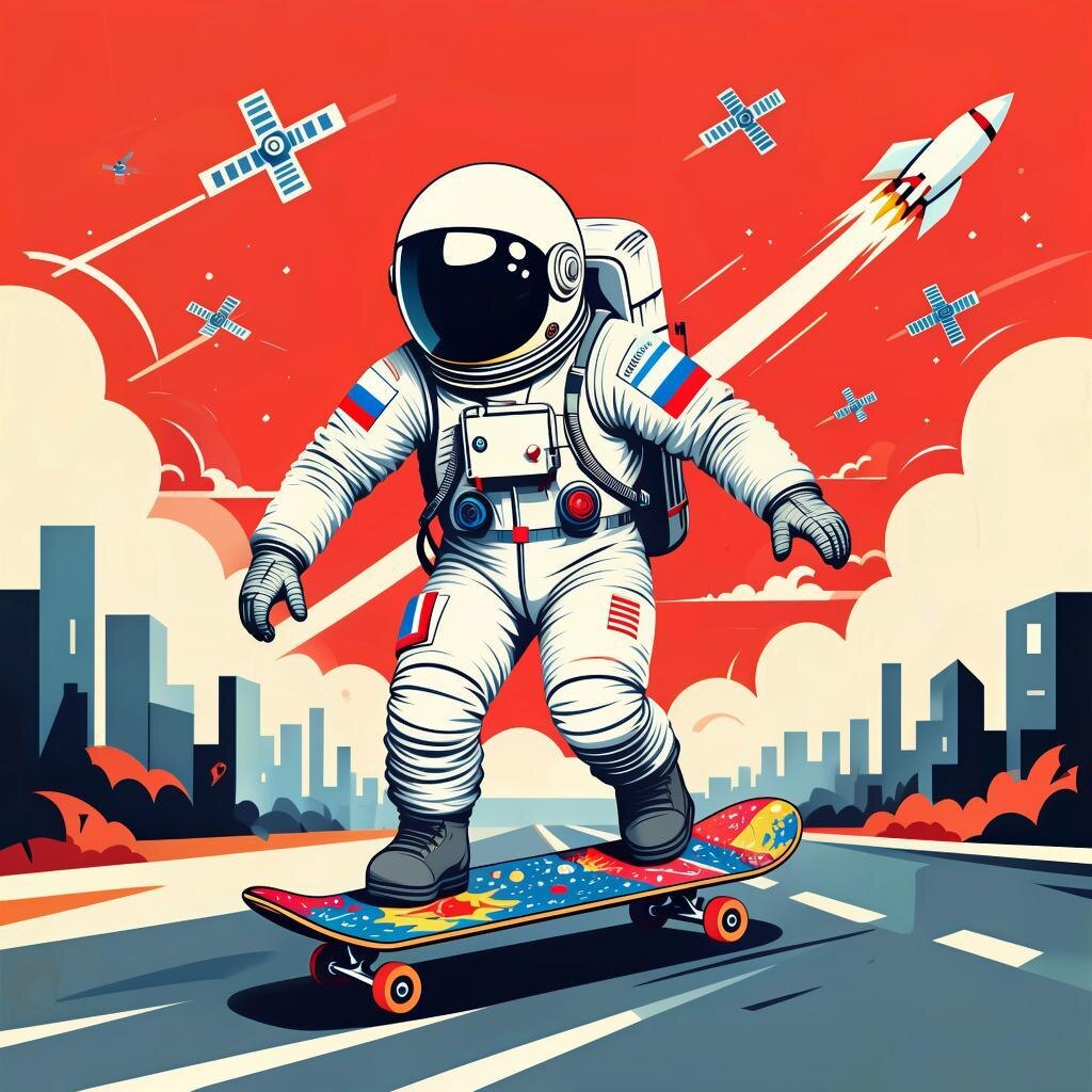 Космонавт, катающийся на скейтборде в стиле поп-арт