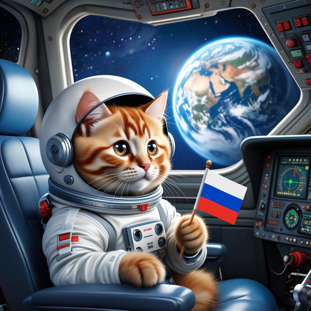 Пушистый котёнок в космическом скафандре смотрит на Землю из иллюминатора