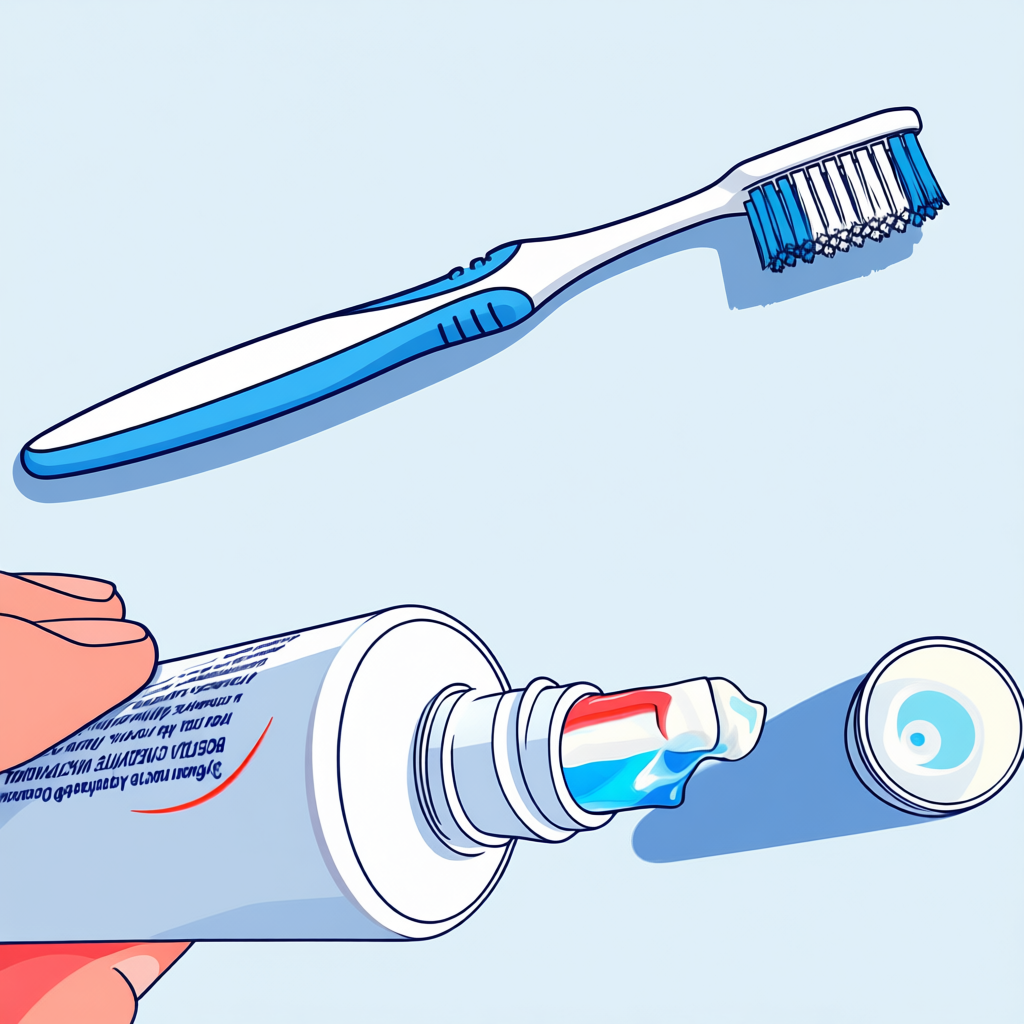 Эстетика 90-х: рисунок трёхцветная полоска пасты Aquafresh появляется при надавливании, на столе лежит щётка и крышка от тюбика