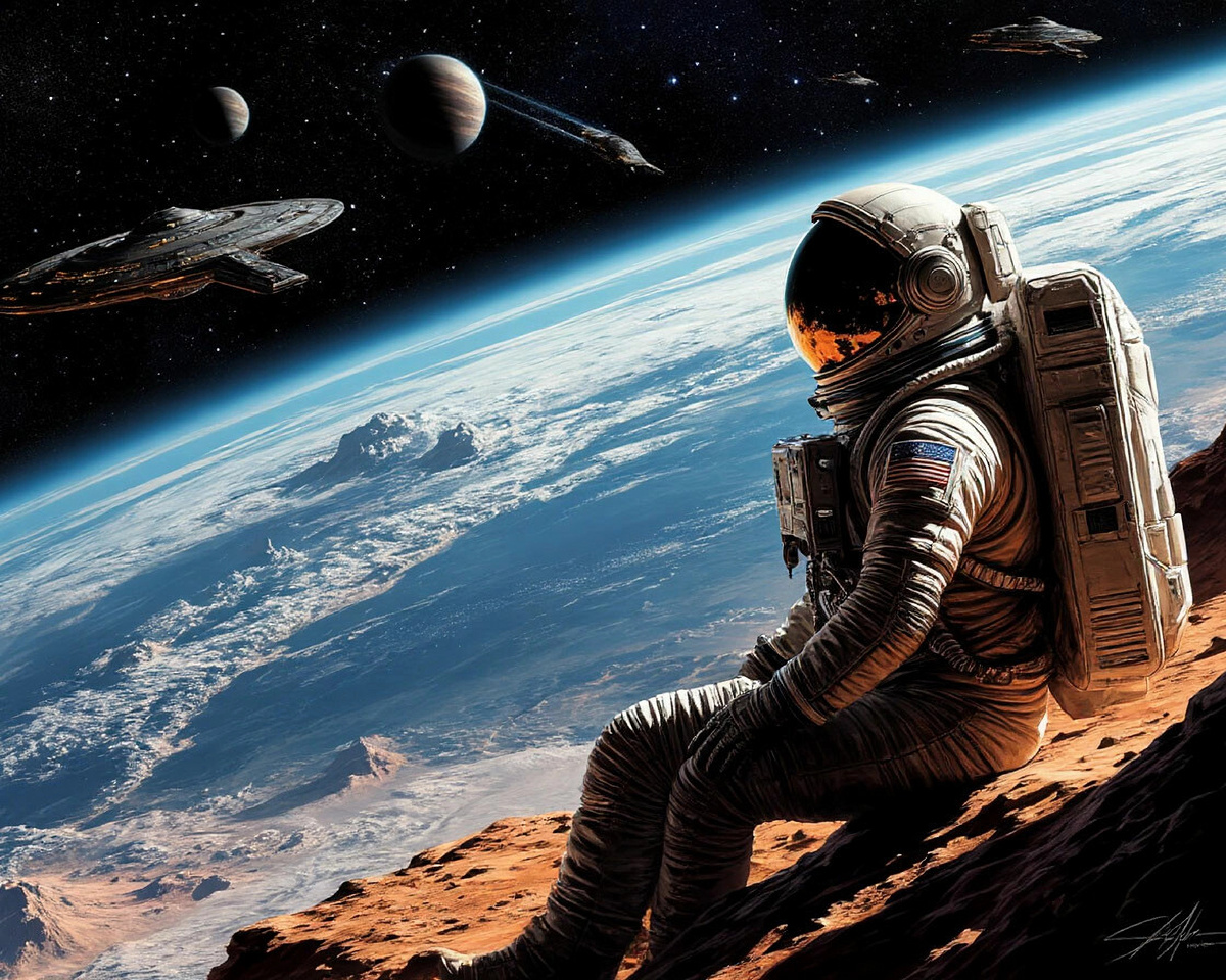 Космонавт сидит на другой планете.