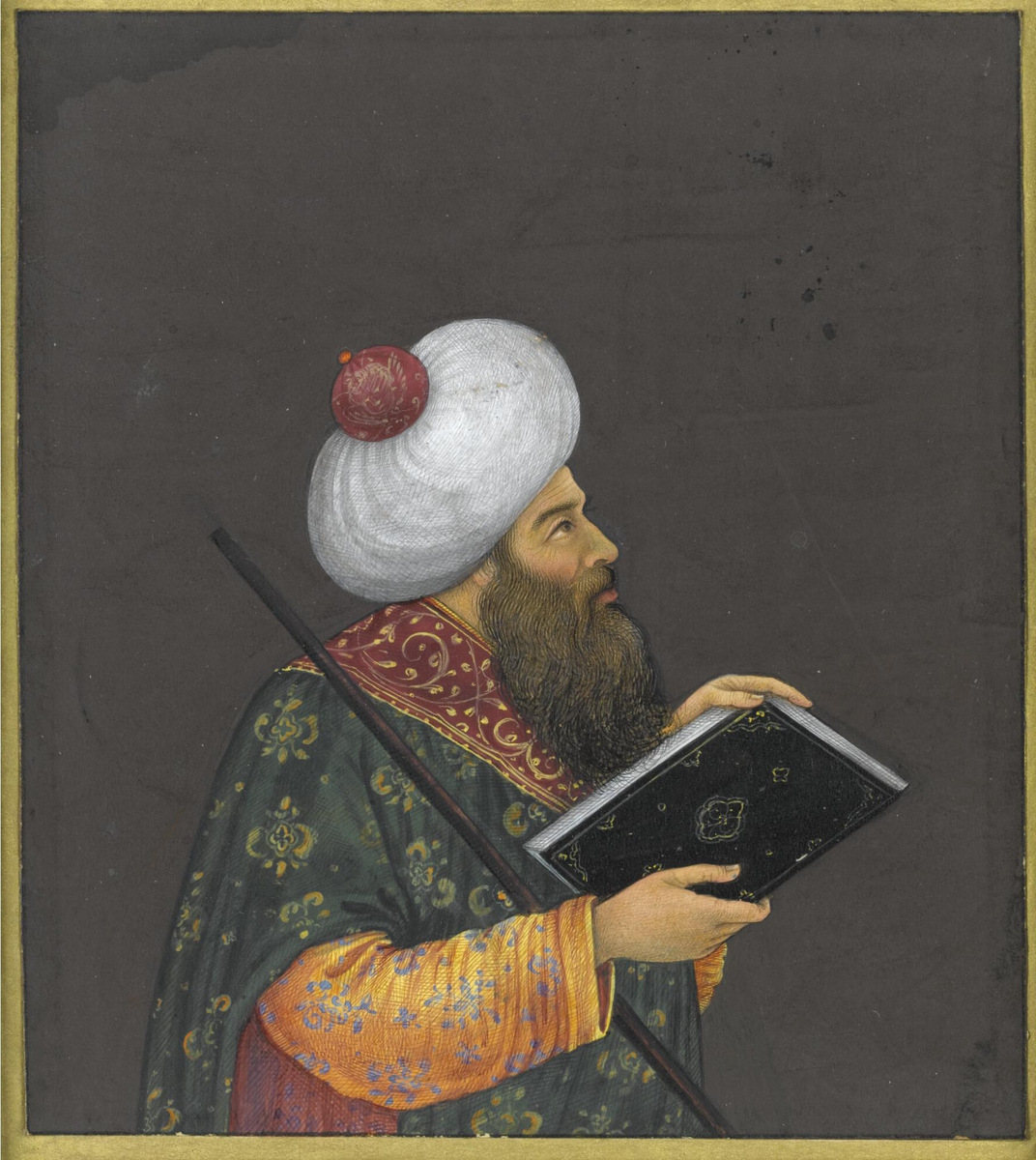 «Портрет правителя в чалме» (ок. XVIII в.)
Величественный профиль, огромная чалма и украшения — смесь могольского блеска и персидского идеала власти. Такой образ легко представить в современном болливудском фильме.