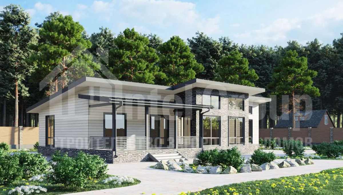 Проект 1-этажного дома Кейптаун, 155 м2. Стоимость: из газобетона -  7,17 млн. ₽, в каркасной технологии - 6,11 млн. ₽.
