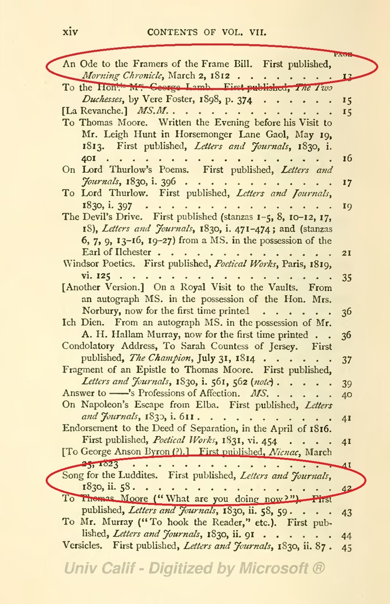 "Ода авторам билля против разрушителей станков" и "Песня для луддитов" в списке произведений Байрона в издании "Байрон. Дневники. Письма с биографическими заметками Томаса Мура" (1830)