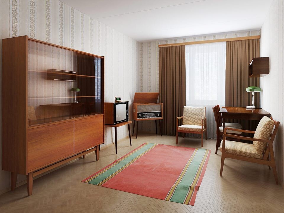 Советская гостиная с аккуратно организованной мебелью, Москва, 1980-е годы