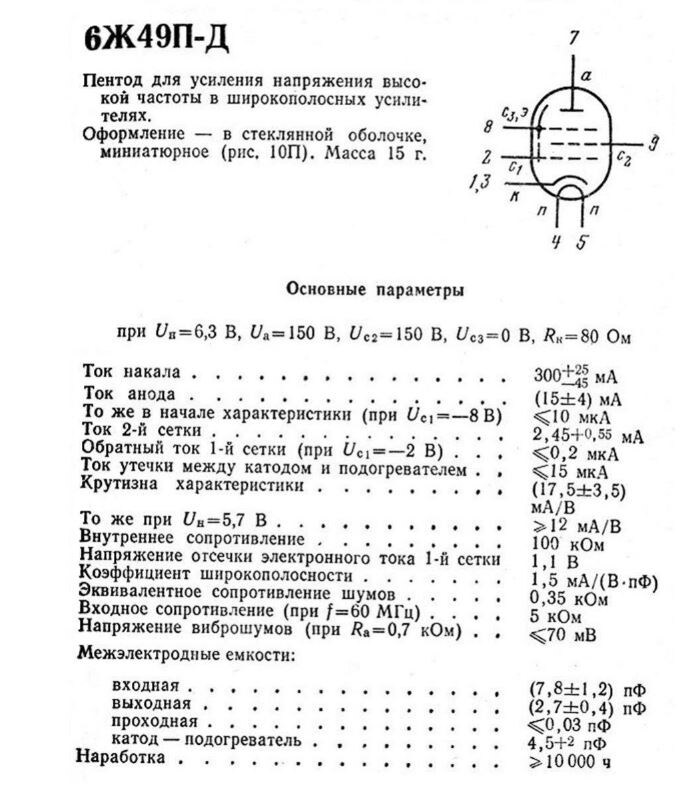 Основные параметры лампы 6ж49п-д