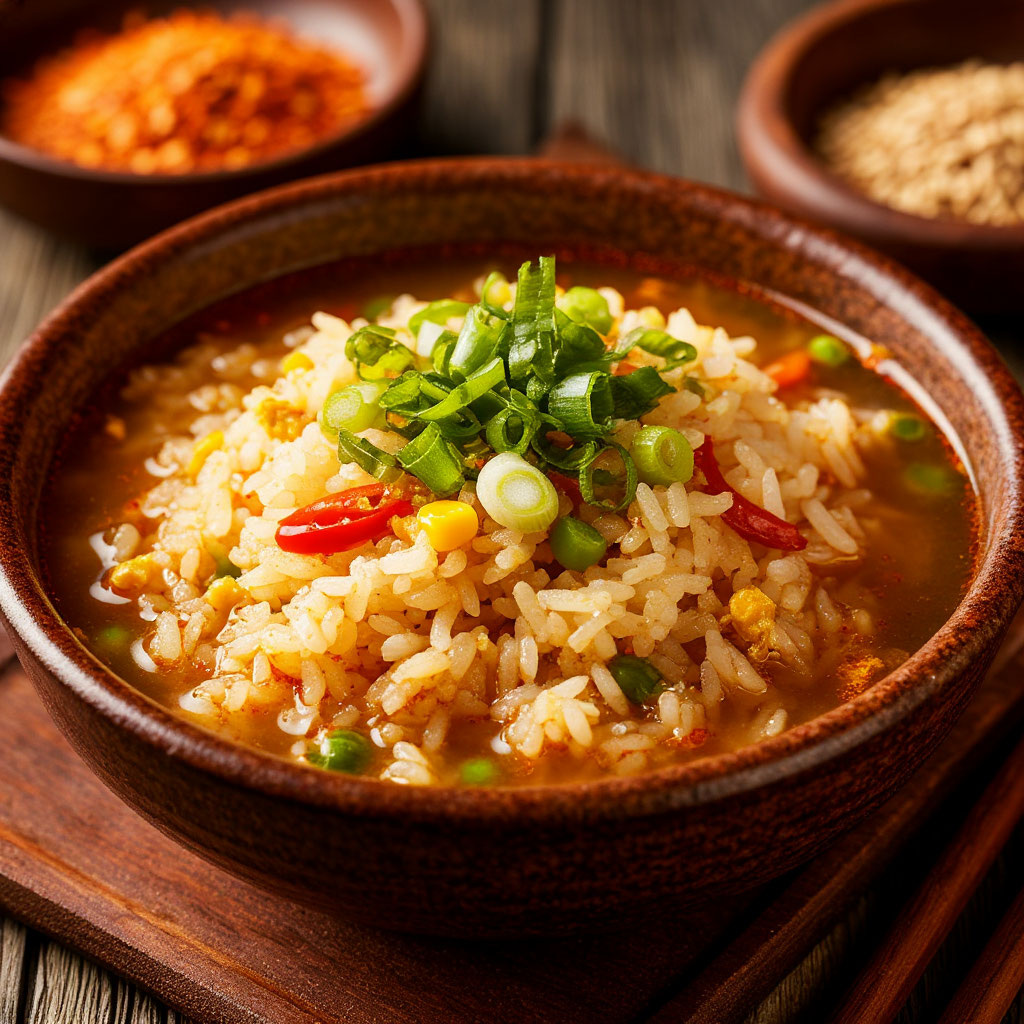 Жареный рис на бульоне со специями. Азиатское блюдо