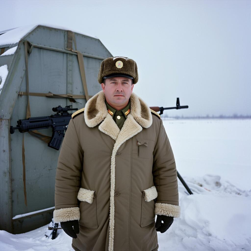 Картинка. Пытаемсяс помощью ИИ создать часового в тулупе. Давайте не будем писать, что это позорит ВС РФ, никакого указания на российскую ВФО тут нет. 