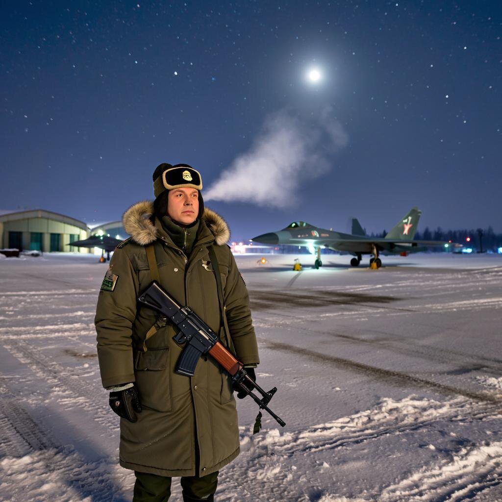 Картинка. Пытаемсяс помощью ИИ создать часового в тулупе. Давайте не будем писать, что это позорит ВС РФ, никакого указания на российскую ВФО тут нет.  На одной из кртинок ИИ поменял зимнюю куртку (бушлат я просил) на шубу. 🤣