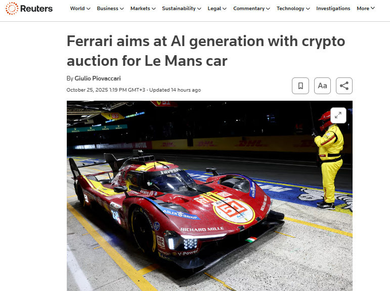 https://www.reuters.com/business/autos-transportation/ferrari-aims-ai-generation-with-crypto-auction-le-mans-car-2025-10-25/