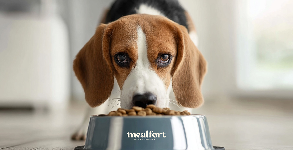 собака бигль ест корм / фото mealfort