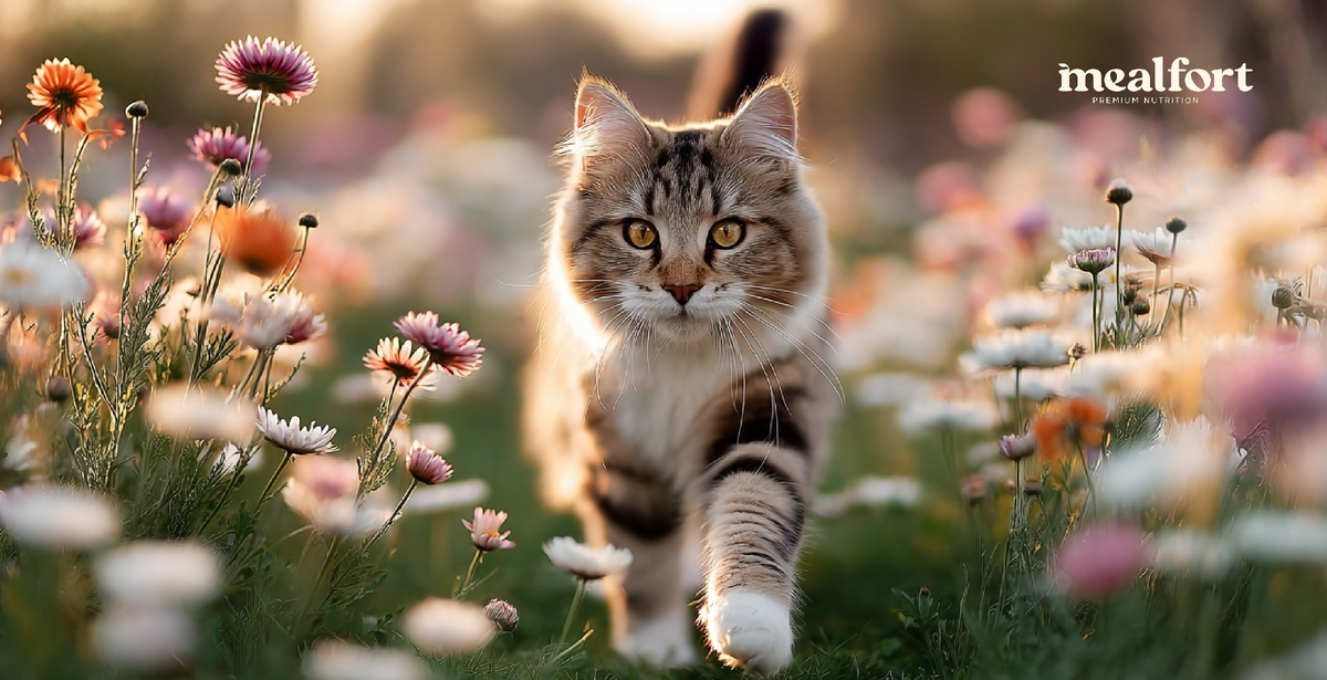 кошка бежит по цветочному лугу / фото mealfort