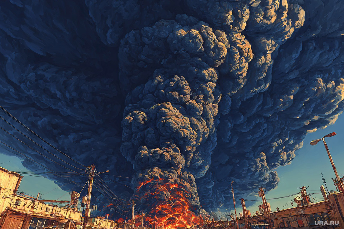 После взрывов на заводе в Копейске начался пожар. Фото: Создано в Midjourney © URA.RU