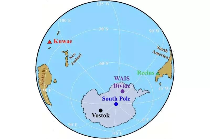 Изображение: карта, показывающая расположение двух возможных вулканов-источников: Кувае (красный треугольник) на Вануату, в тропической части Тихого океана, и Реклю (зелёный треугольник), расположенный на Южно-Патагонском ледяном поле, Чили. Источник:
Communications Earth & Environment (2025). DOI: 10.1038/s43247-025-02797-x