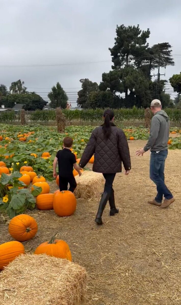 Меган Маркл, принц Гарри и их сын прогуливаются по тыквенному полю
