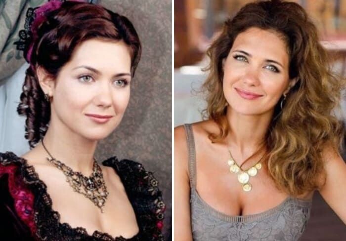 Екатерина Климова в историческом костюме и годами позже в повседневной жизни