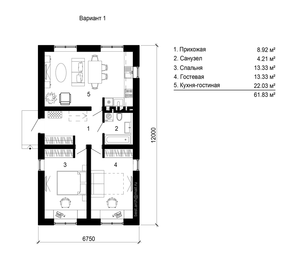 Вариант 1 планировки типового проекта П-5 | архитектор Борис Бестужев | best-arch.ru