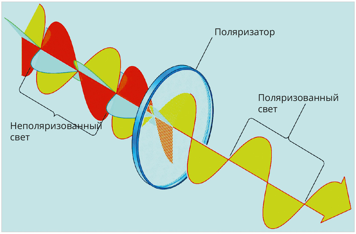 Рис. 1. В поляризованном световом луче вектор электрического поля во всех точках волны направлен вдоль одной и той же прямой