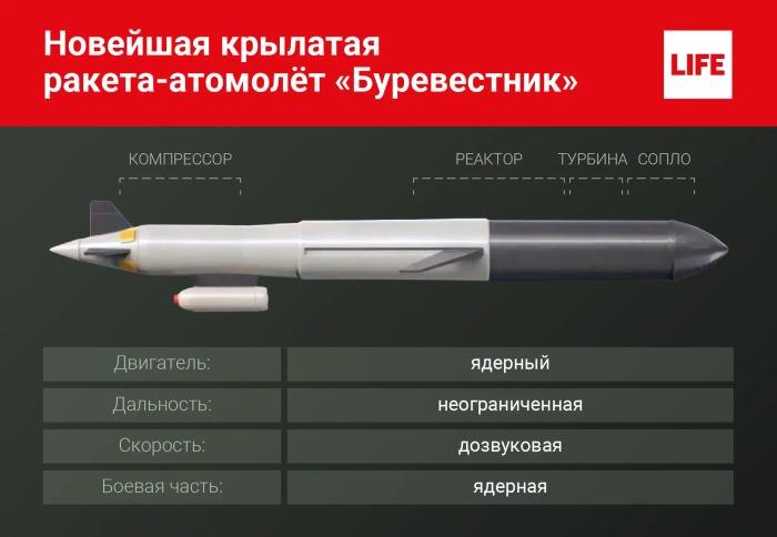 Новейшая крылатая ракета «Буревестник». Инфографика © Life.ru