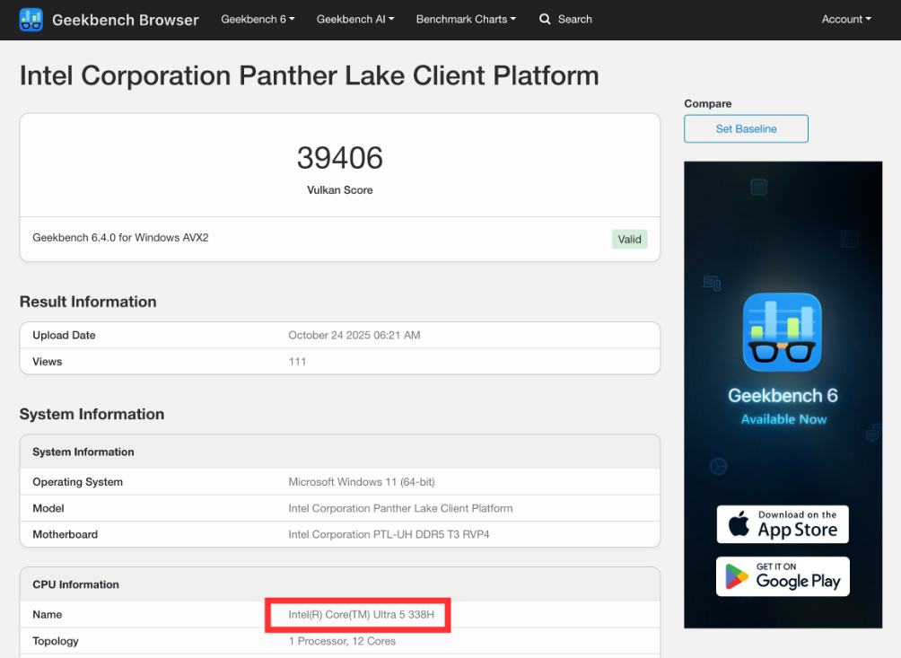 Geekbench Vulkan Panther Lake