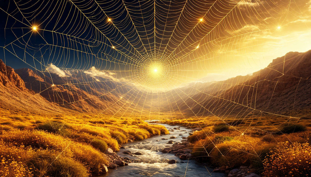 Из света индивидуального сознания рождается золотая паутина, соединяющая сердца миллионов. Каждая нить этой сети превращается в реку света, омывающую планету — там, где протекает поток, пустыни расцветают садами, города становятся кристально чистыми, а люди обретают крылья единства.