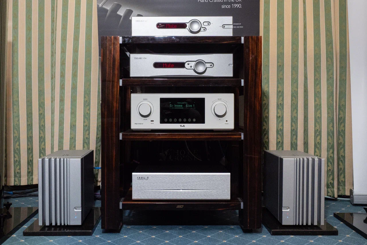 Сверху вниз: интегральник Trilogy 921, предусилитель Trilogy 914, ЦАП-стример Т+А PSD 3100 HV, сетевой фильтр ISOL-8 Substation Integra, моноблоки Trilogy 994