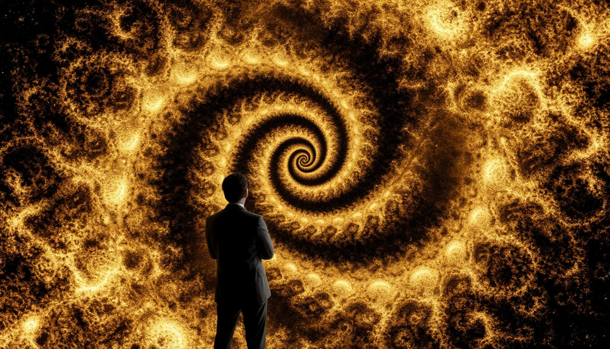 Фрактальная пена вероятностей на квантовом уровне, где каждая пузырящаяся клетка содержит целые вселенные. Из этого хаоса рождается золотая спираль сознания, пронизывающая уровни бытия — от субатомных частиц до галактических скоплений, показывая эволюцию от слепой материи к самосознающему духу. В центре — человек как точка перехода, чье пробужденное внимание кристаллизует реальность из квантового потенциала.